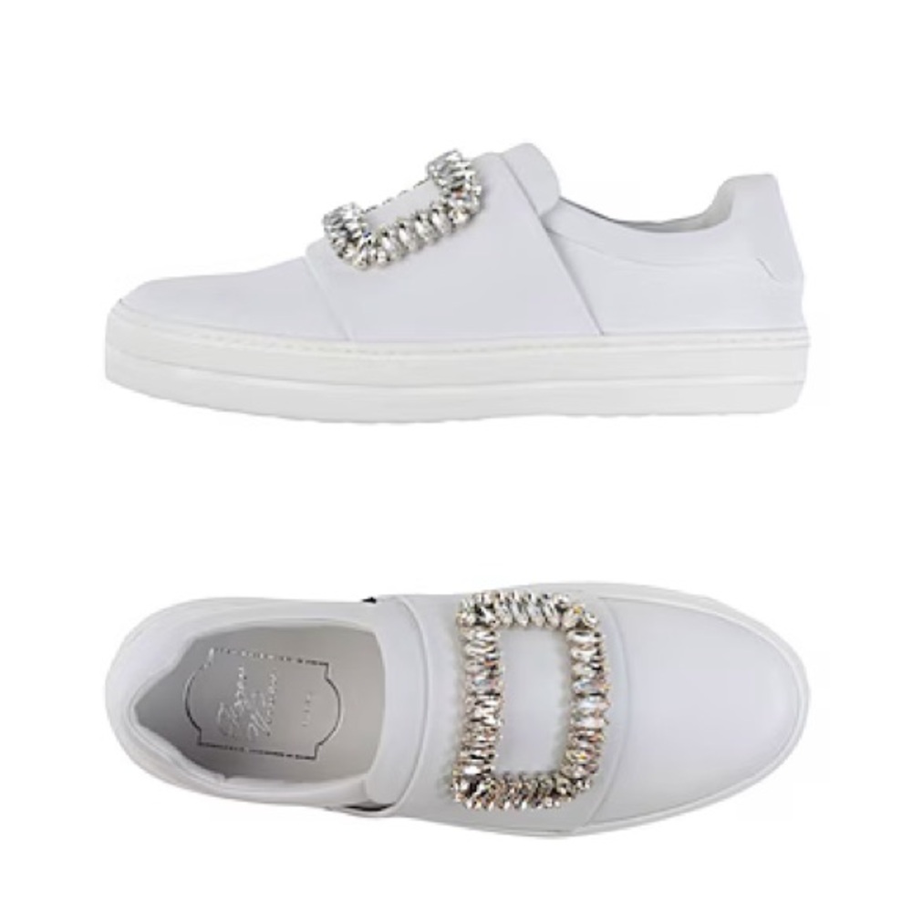 Roger Vivier White Leather Sneakers with Crystal Buckle (4.5)